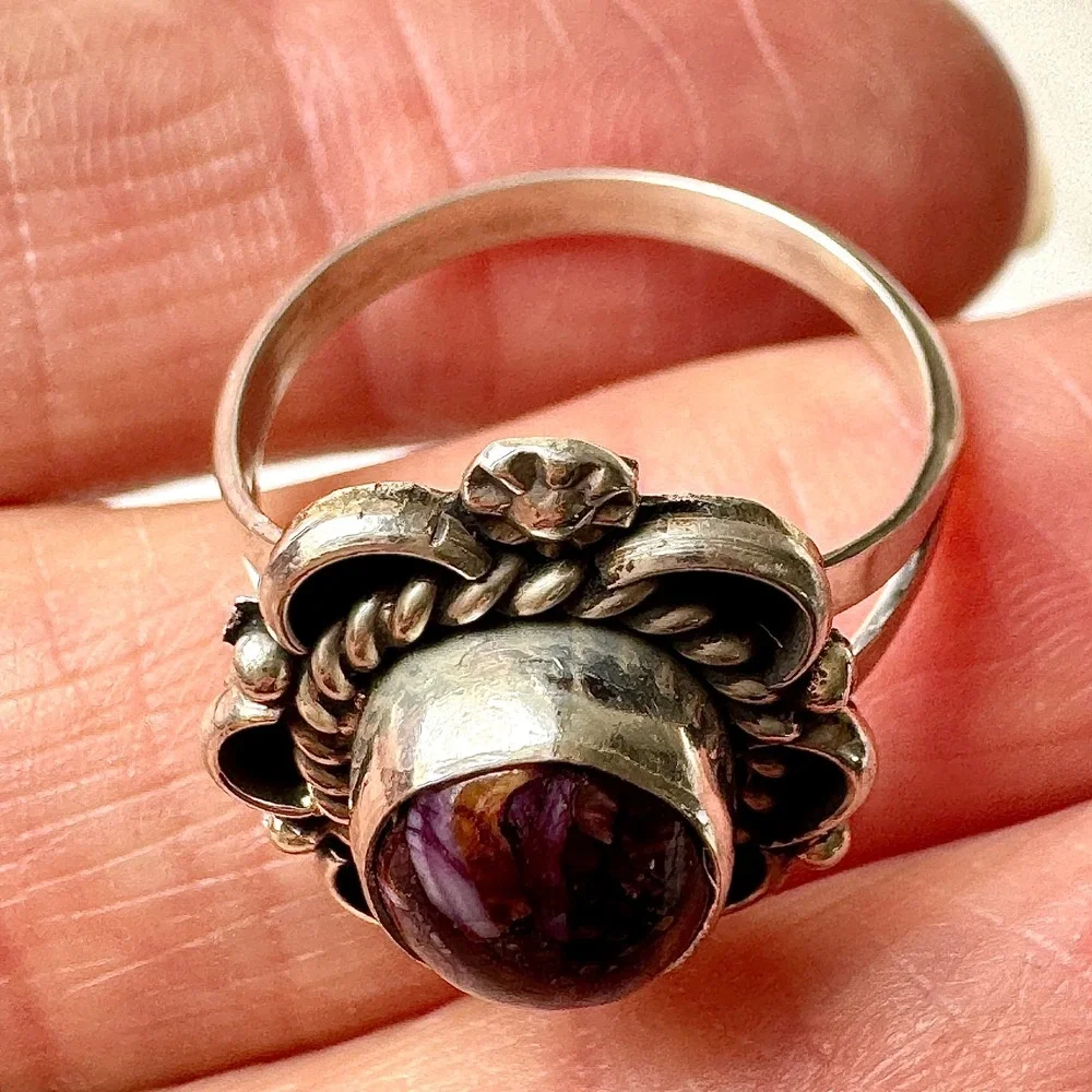 Navajo Flower Ring Purple Spiny Oyster Sz 8 Sterling Silver Native Signed Morgan
